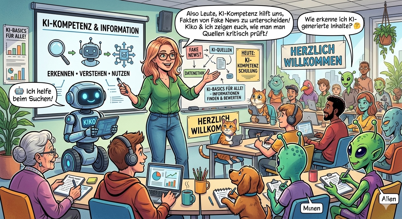 KI-Kompetenz und Informationskompetenz für alle – illustrierte Schulungsszene